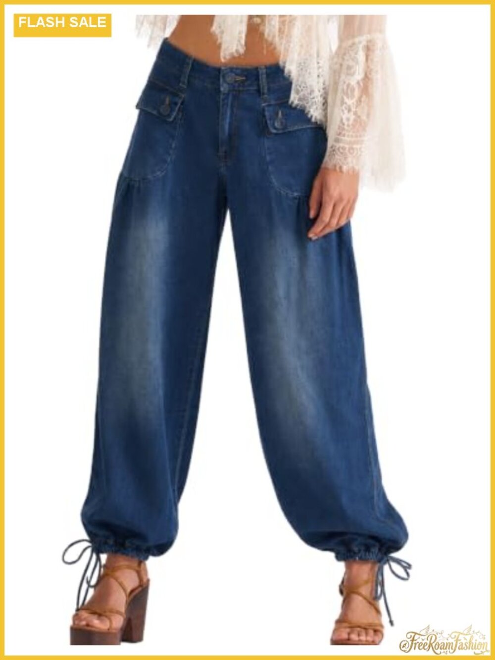 Wide Leg Denim Pants Mid Rise Ankle Barrel Stretchy with Pockets